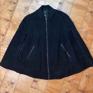 Black wool textured faux leather trim cape coat